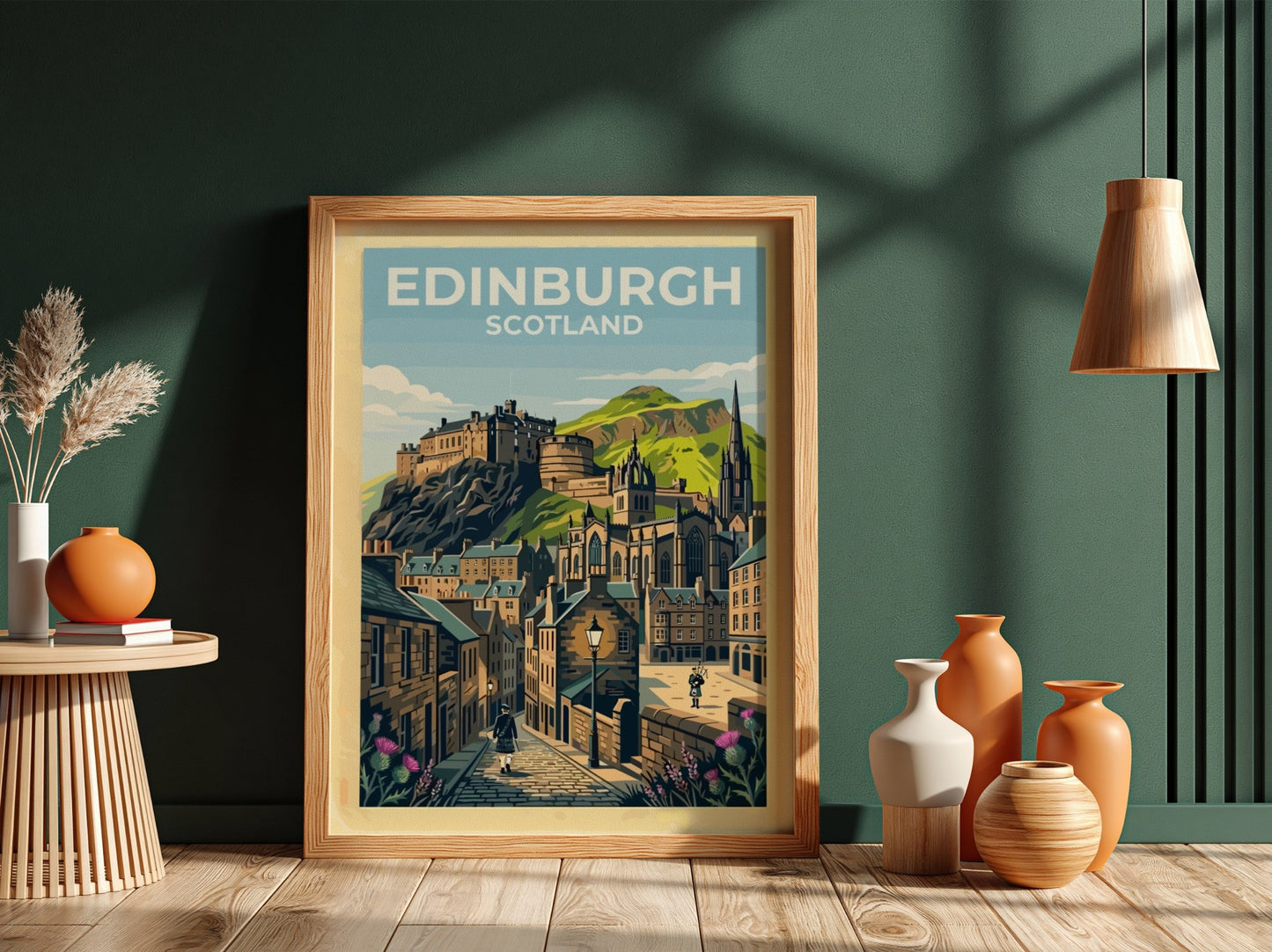 Travel poster of Edinburgh Scotland featuring the castle, cobblestone streets, bagpipers, and thistles.