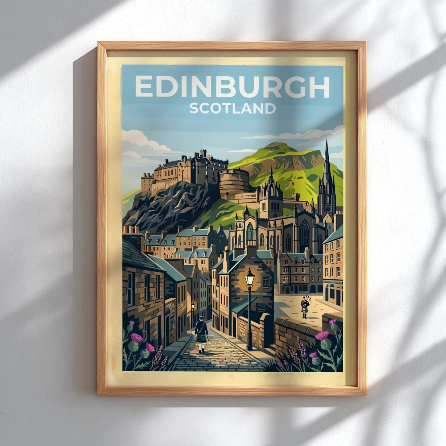 Travel poster of Edinburgh Scotland featuring the castle, cobblestone streets, bagpipers, and thistles.