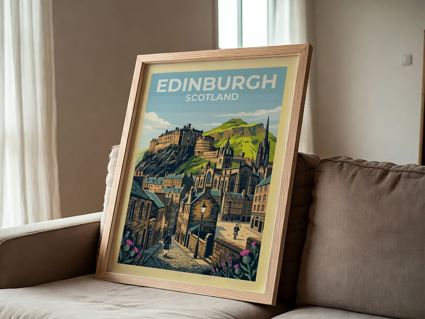 Travel poster of Edinburgh Scotland featuring the castle, cobblestone streets, bagpipers, and thistles.