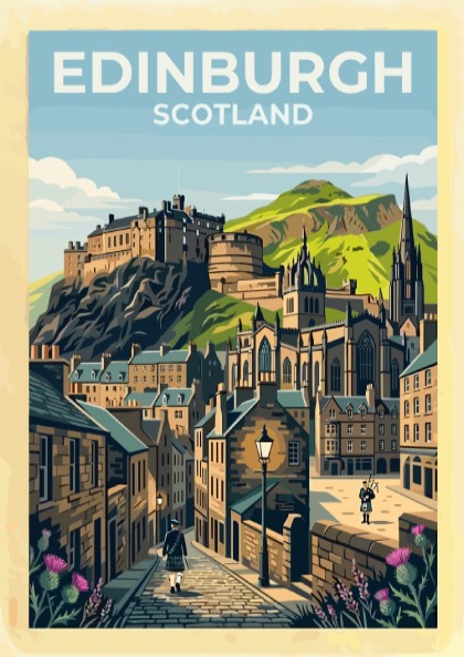Travel poster of Edinburgh Scotland featuring the castle, cobblestone streets, bagpipers, and thistles.