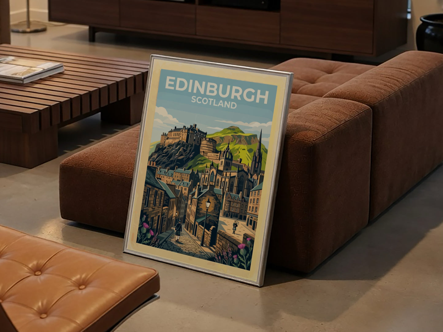 Travel poster of Edinburgh Scotland featuring the castle, cobblestone streets, bagpipers, and thistles.