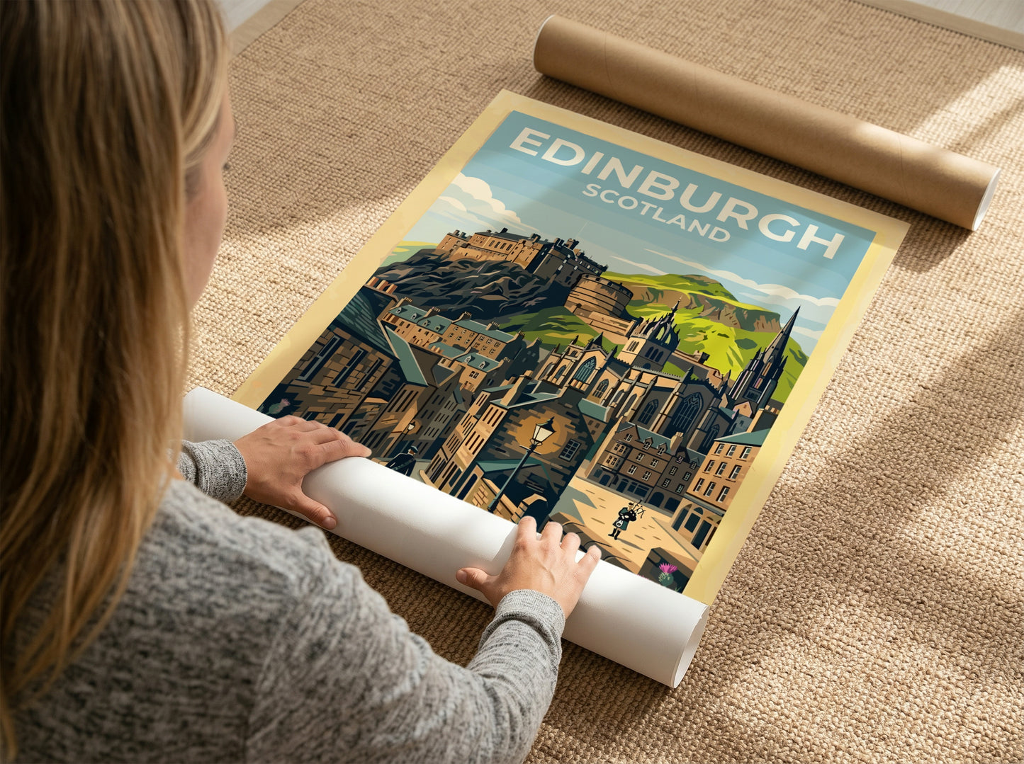 Travel poster of Edinburgh Scotland featuring the castle, cobblestone streets, bagpipers, and thistles.