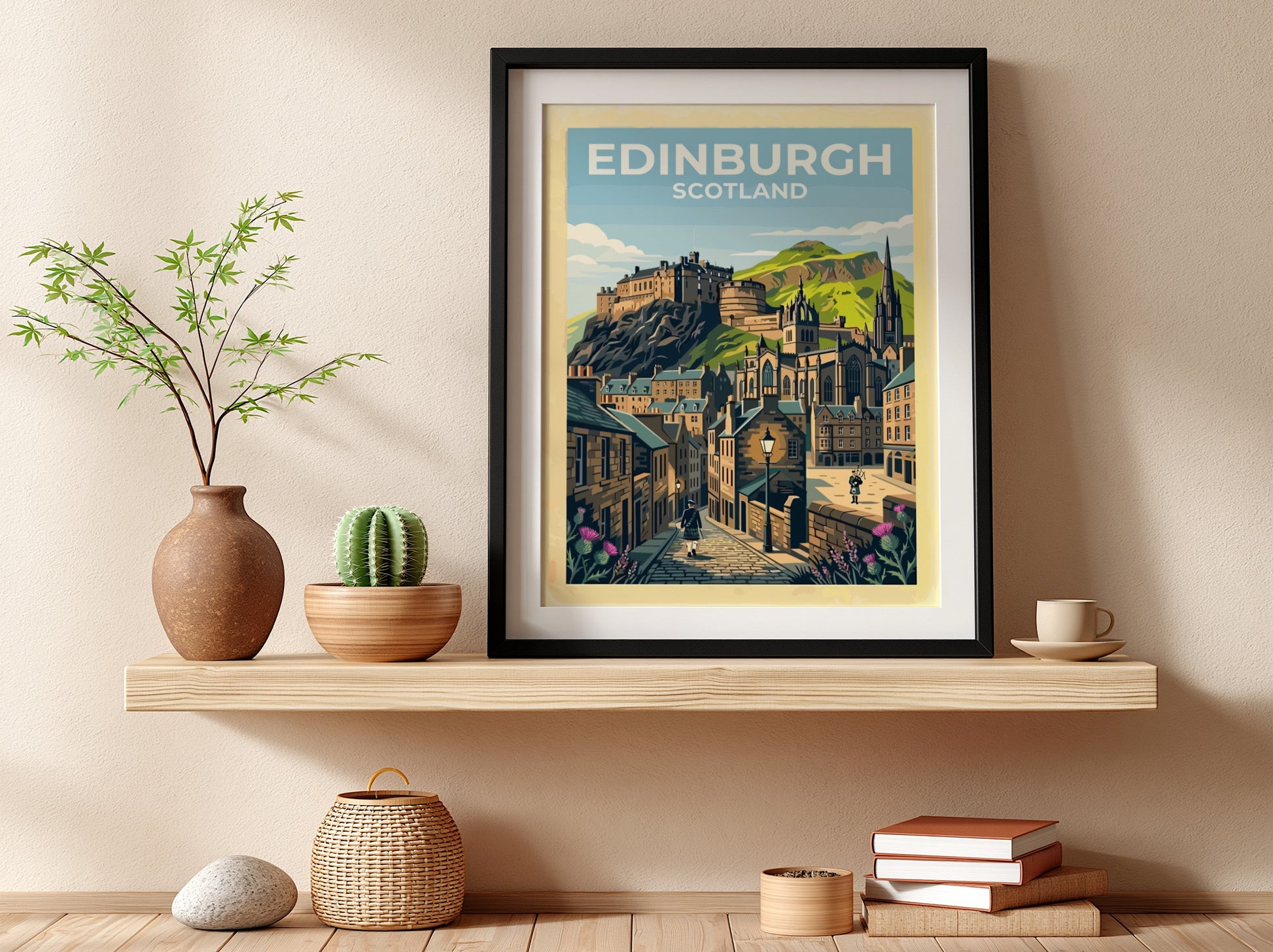 Travel poster of Edinburgh Scotland featuring the castle, cobblestone streets, bagpipers, and thistles.