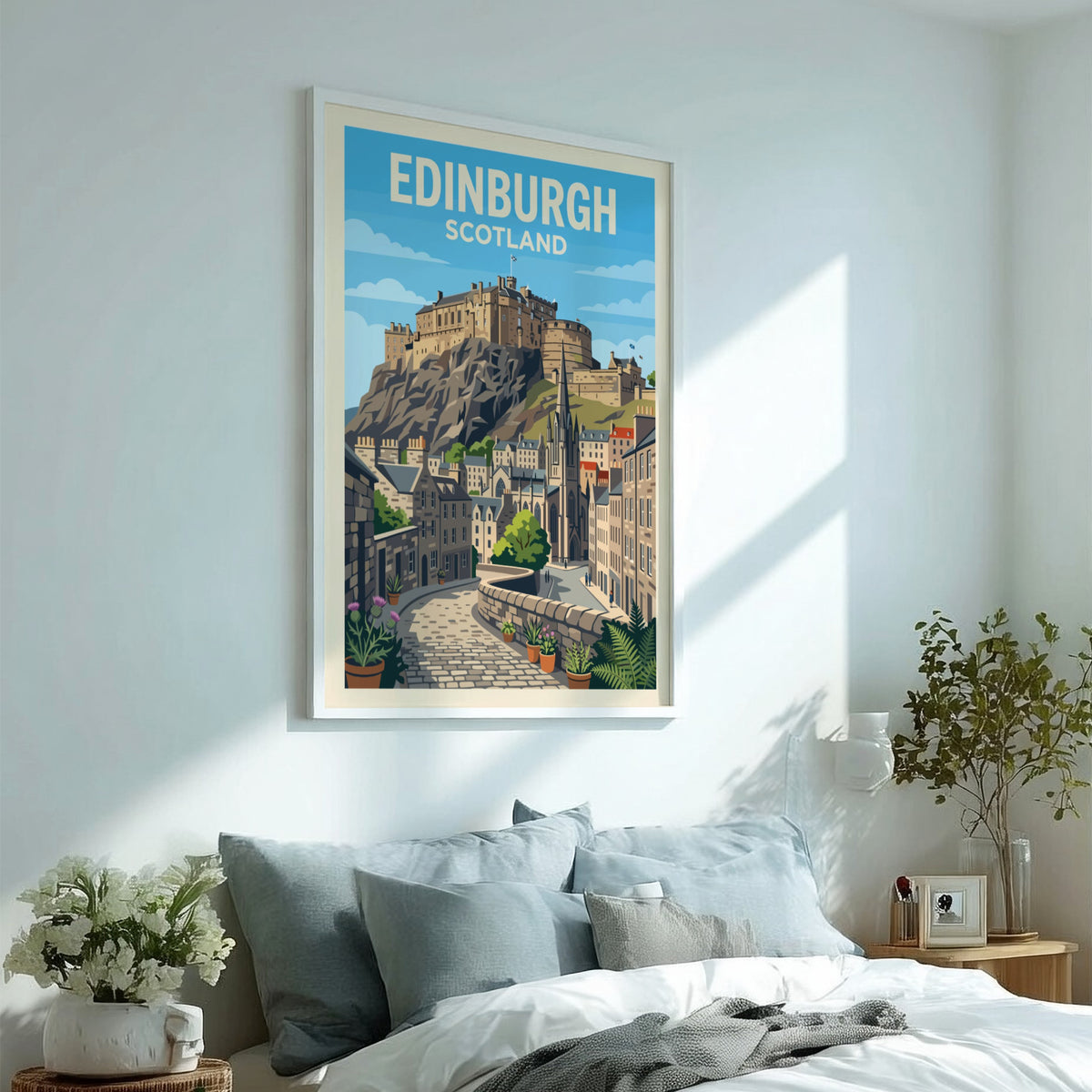 Travel poster of Edinburgh Scotland featuring the historic castle overlooking cobblestone streets and