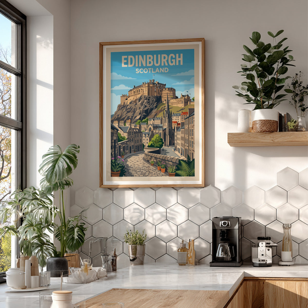 Travel poster of Edinburgh Scotland featuring the historic castle overlooking cobblestone streets and