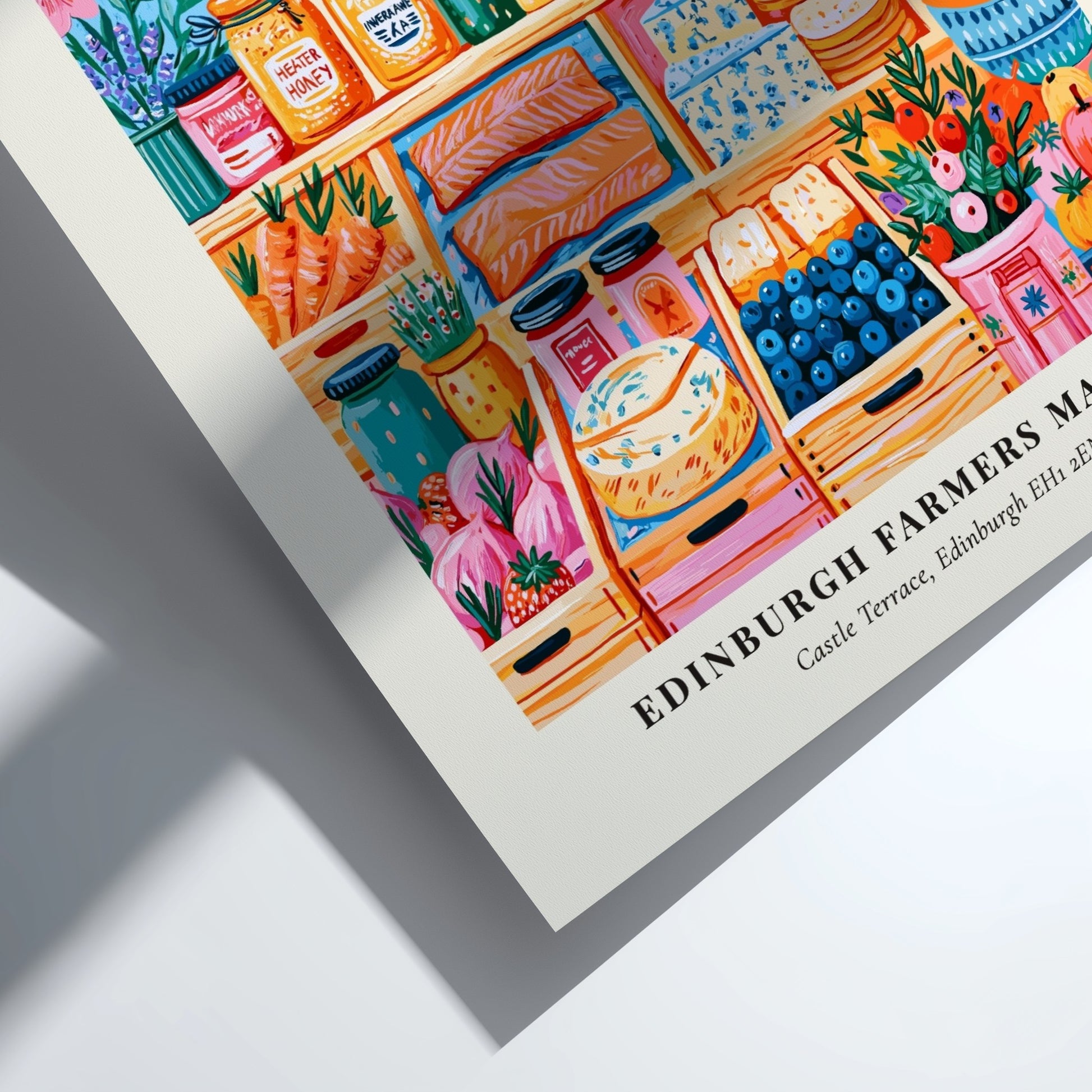 Edinburgh Farmers Market poster featuring colorful fruits and vegetables with a city skyline backdrop
