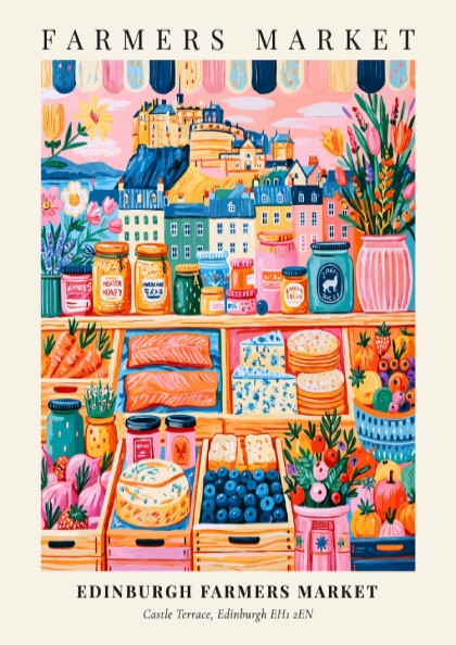 Edinburgh Farmers Market poster featuring colorful fruits and vegetables with a city skyline backdrop
