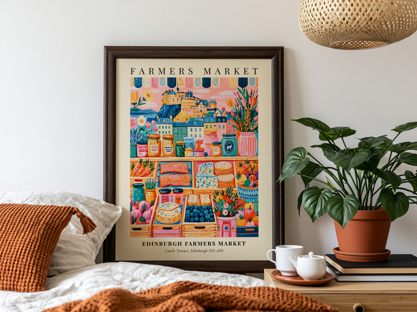 Edinburgh Farmers Market poster featuring colorful fruits and vegetables with a city skyline backdrop