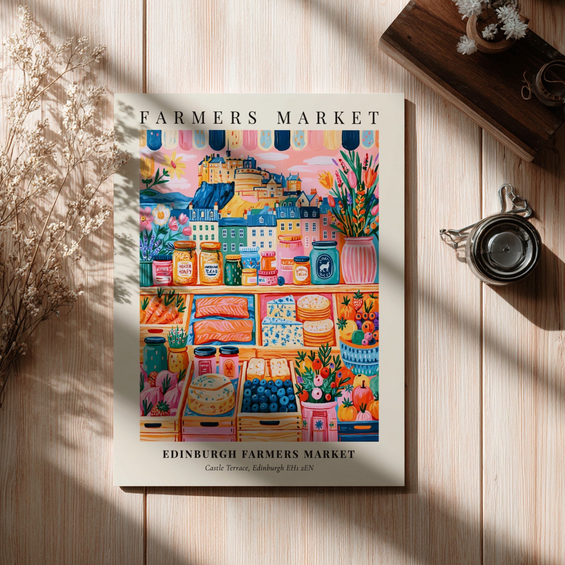 Edinburgh Farmers Market poster featuring colorful fruits and vegetables with a city skyline backdrop