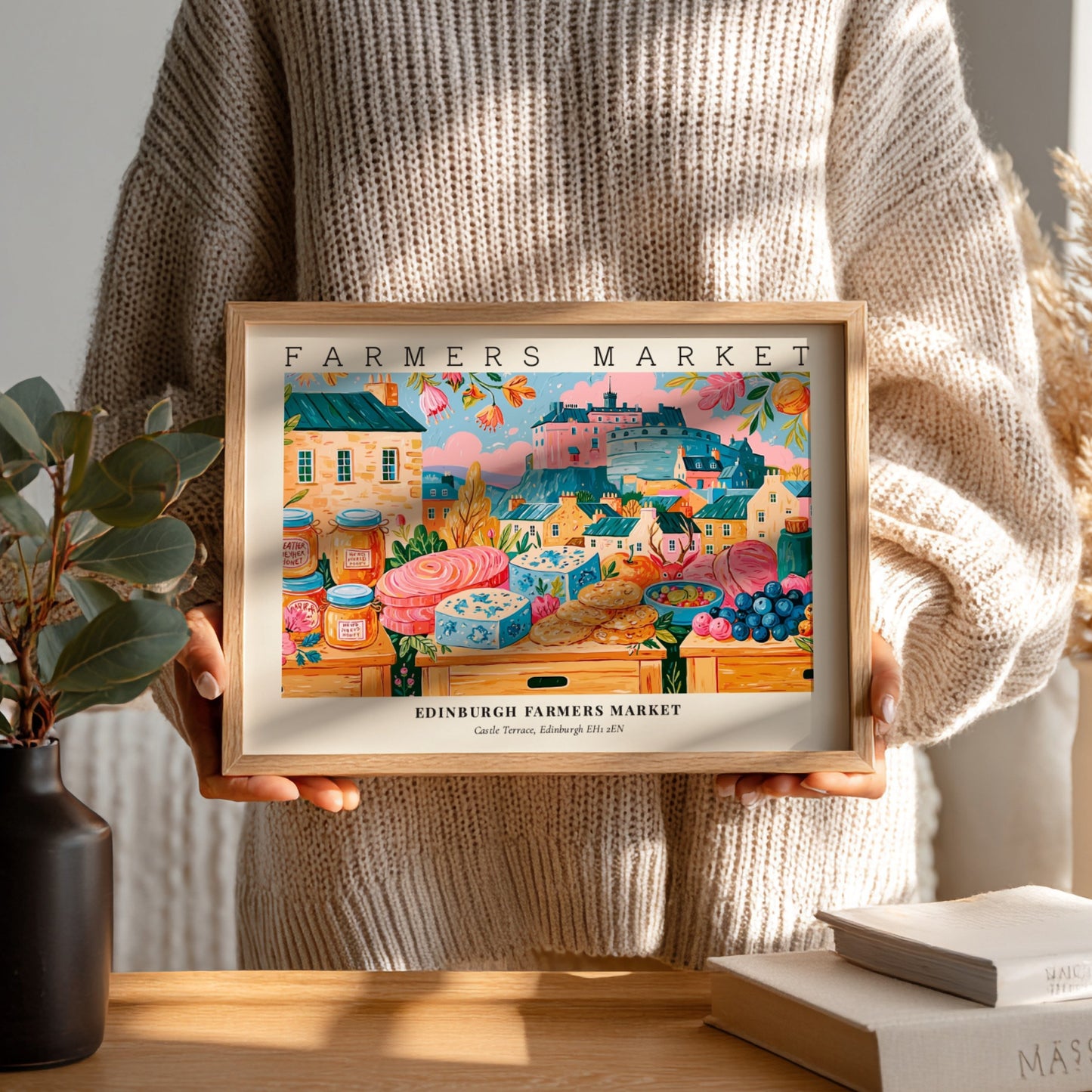 Farmers market poster featuring colorful produce and Edinburgh architecture in a vibrant style