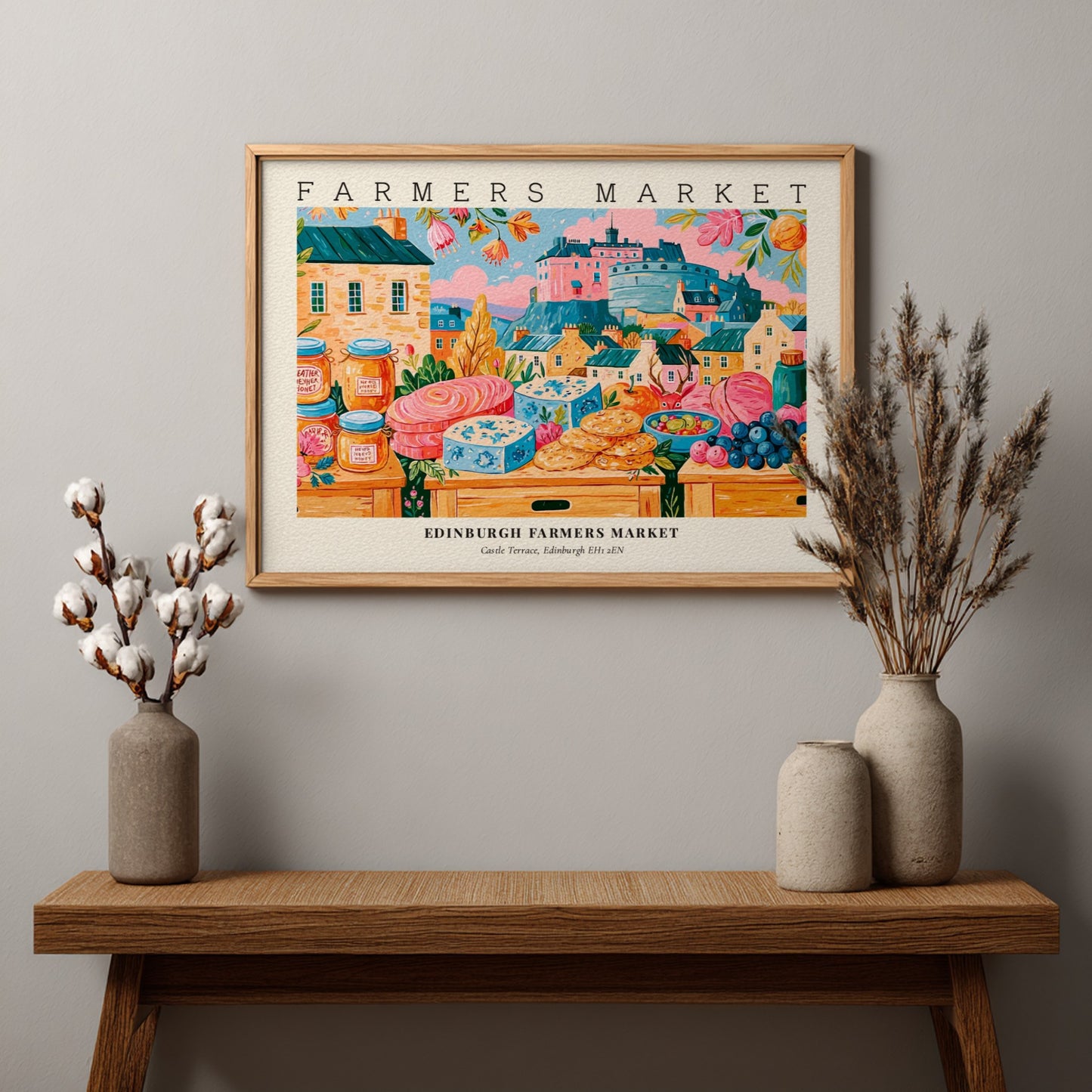 Farmers market poster featuring colorful produce and Edinburgh architecture in a vibrant style