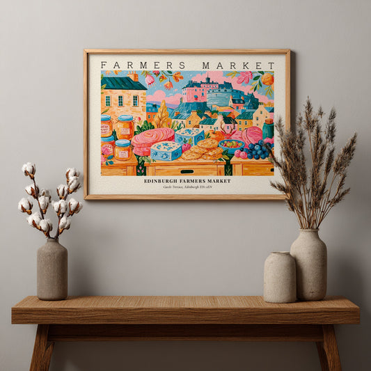 Farmers market poster featuring colorful produce and Edinburgh architecture in a vibrant style