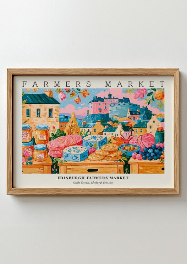 Farmers market poster featuring colorful produce and Edinburgh architecture in a vibrant style
