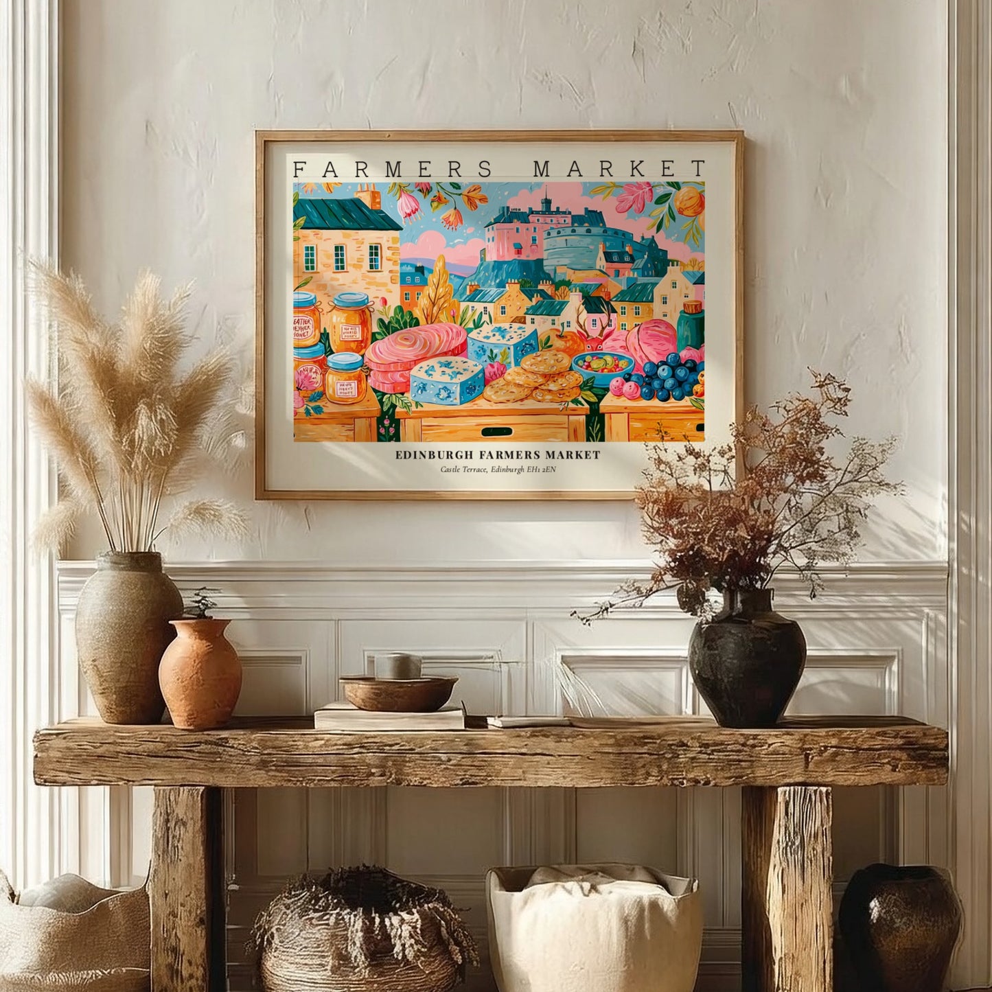Farmers market poster featuring colorful produce and Edinburgh architecture in a vibrant style