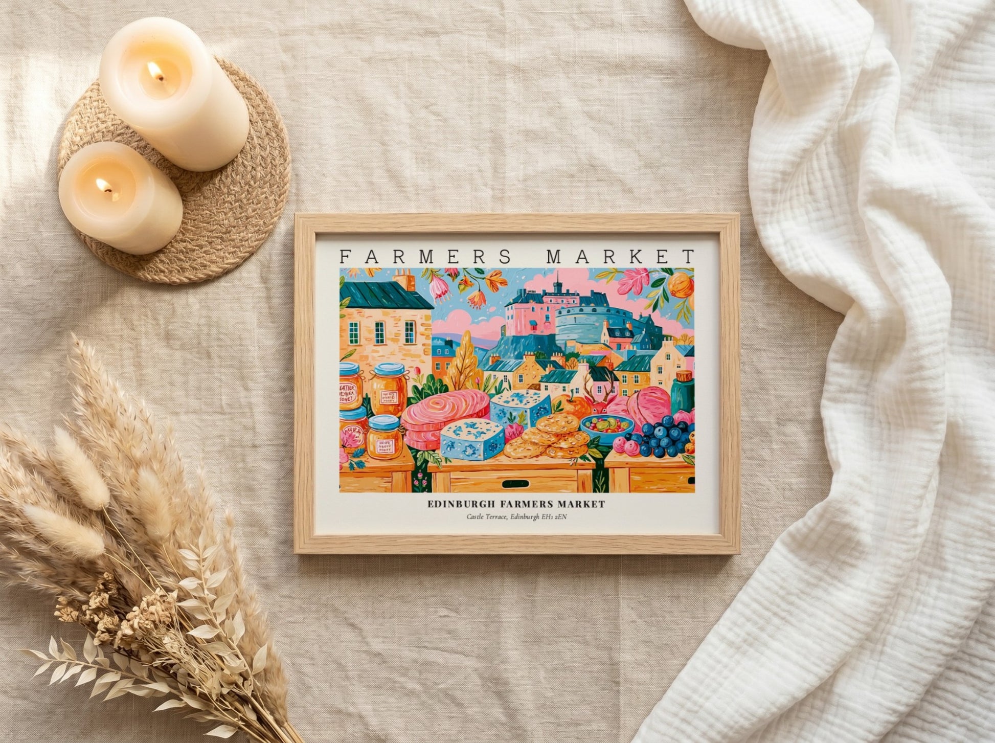 Farmers market poster featuring colorful produce and Edinburgh architecture in a vibrant style