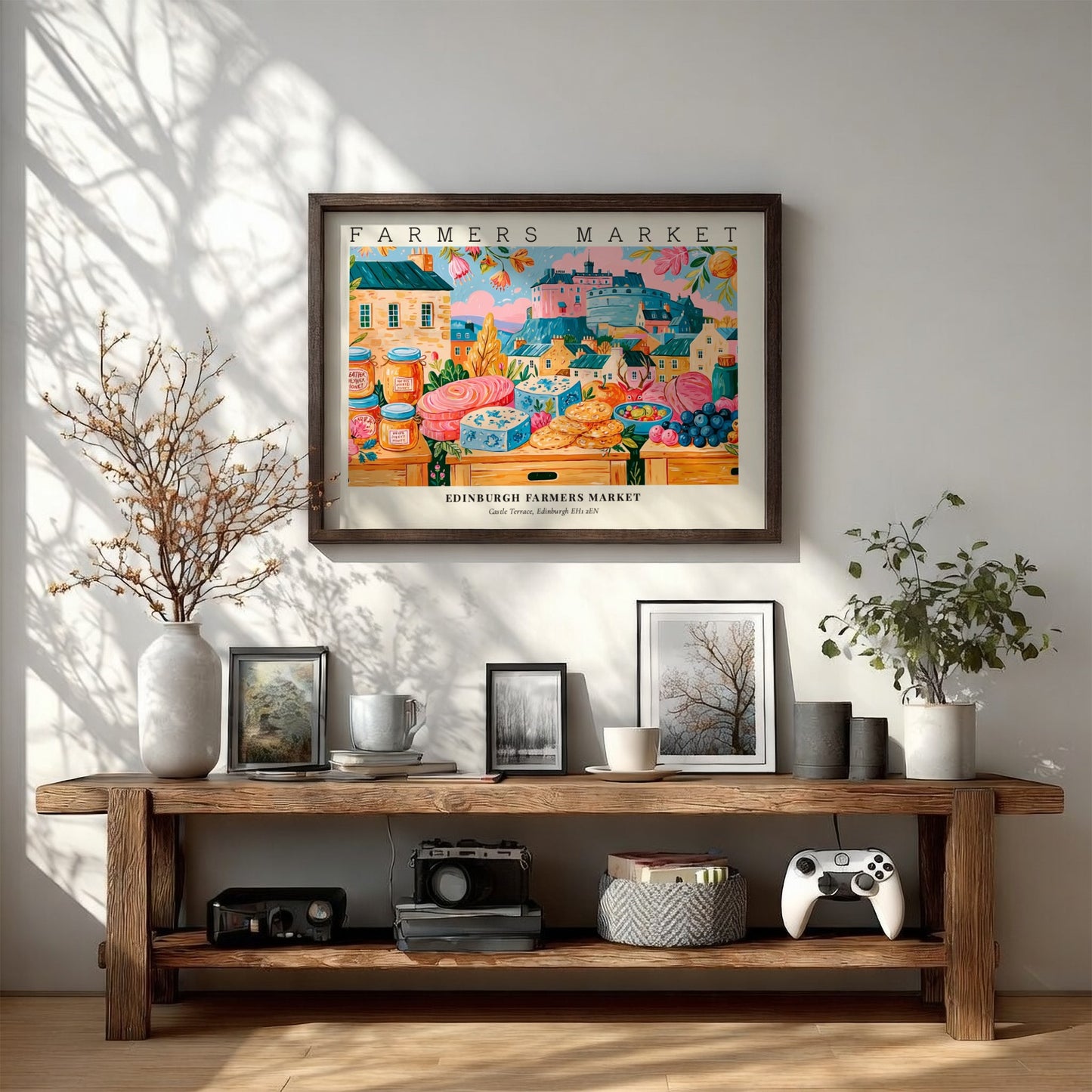 Farmers market poster featuring colorful produce and Edinburgh architecture in a vibrant style