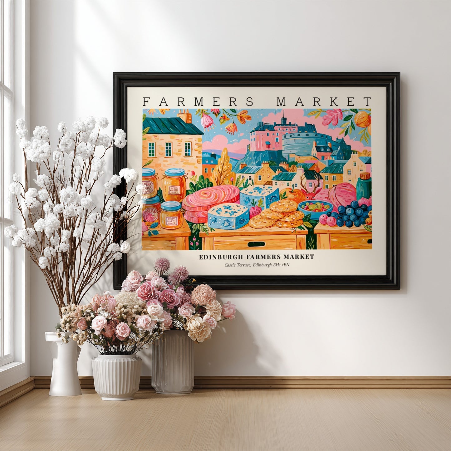 Farmers market poster featuring colorful produce and Edinburgh architecture in a vibrant style