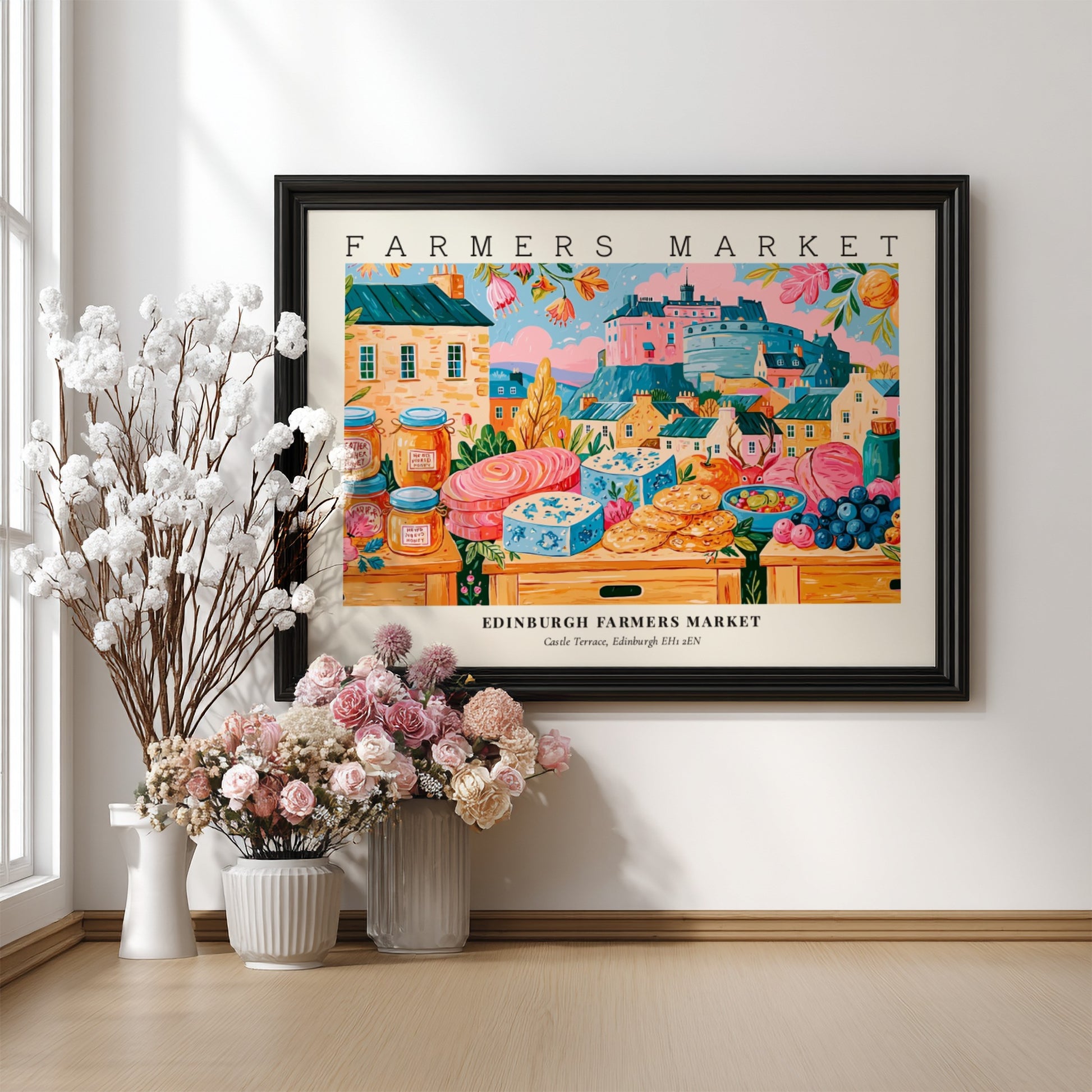 Farmers market poster featuring colorful produce and Edinburgh architecture in a vibrant style
