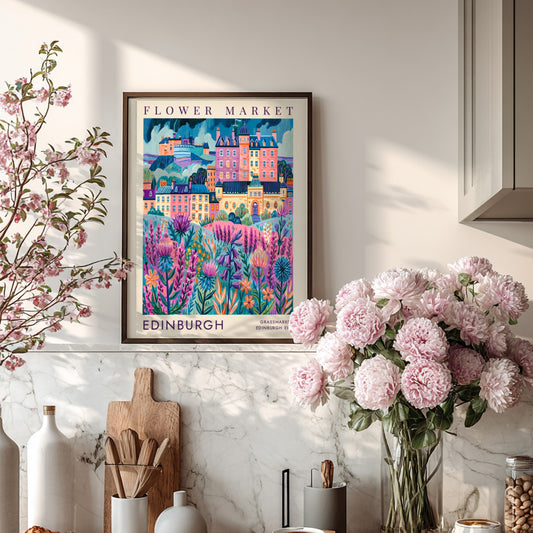 Flower market poster showcasing vibrant flowers and city architecture in Edinburgh, colorful cityscape art