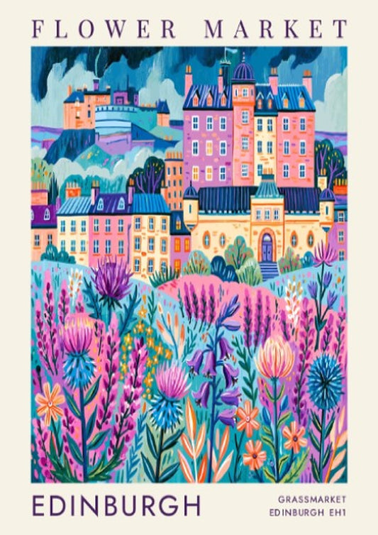 Flower market poster showcasing vibrant flowers and city architecture in Edinburgh, colorful cityscape art