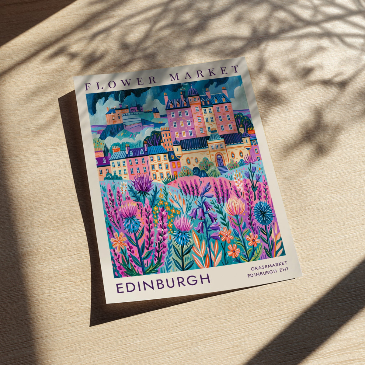 Flower market poster showcasing vibrant flowers and city architecture in Edinburgh, colorful cityscape art