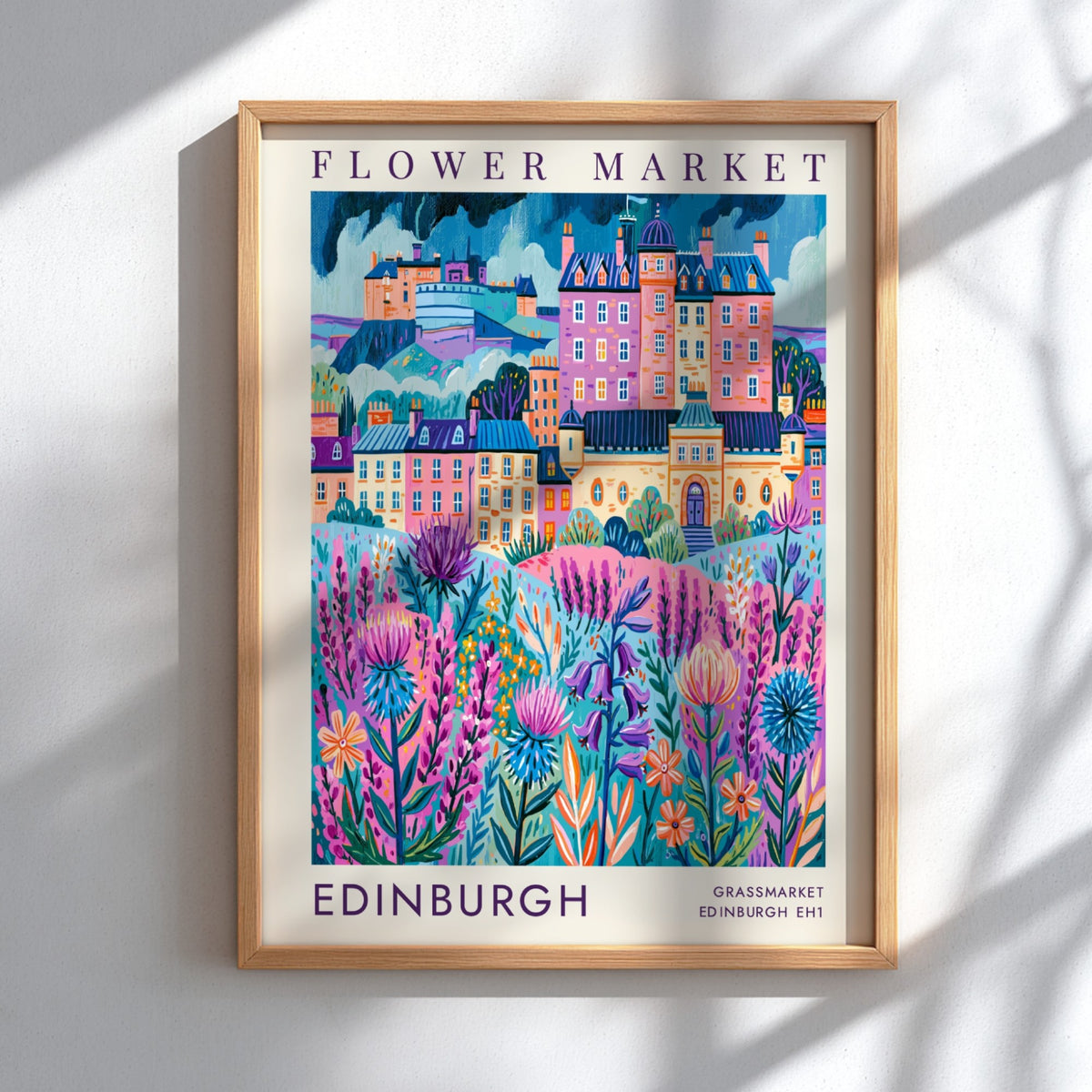 Flower market poster showcasing vibrant flowers and city architecture in Edinburgh, colorful cityscape art