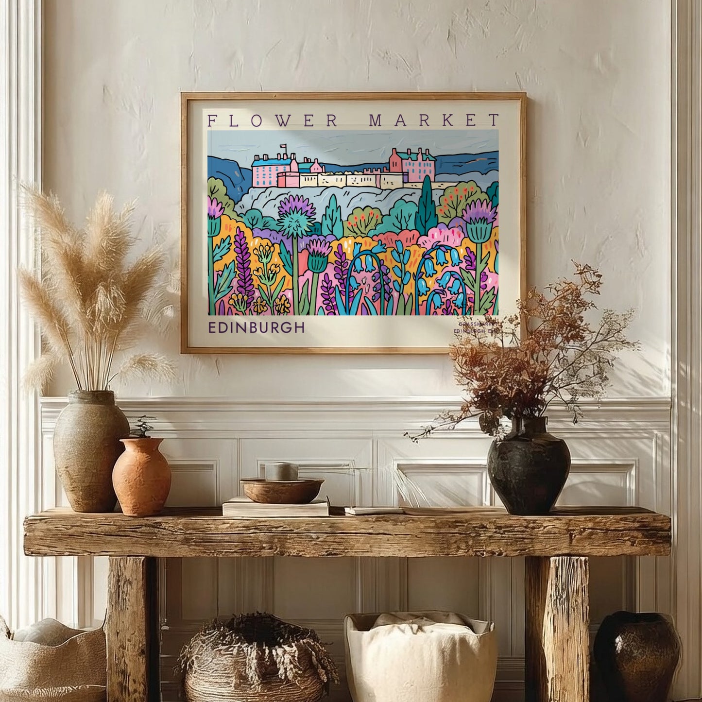 Edinburgh flower market poster showcasing vibrant flowers and landscape in colorful art style
