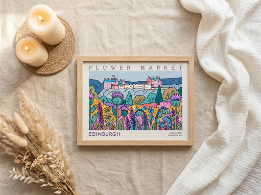 Edinburgh flower market poster showcasing vibrant flowers and landscape in colorful art style