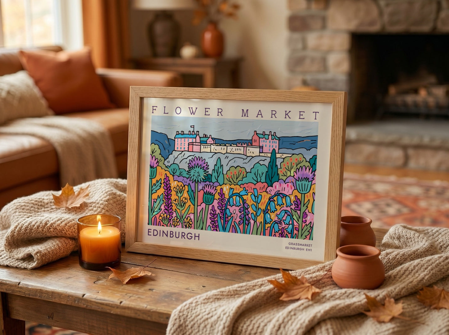 Edinburgh flower market poster showcasing vibrant flowers and landscape in colorful art style