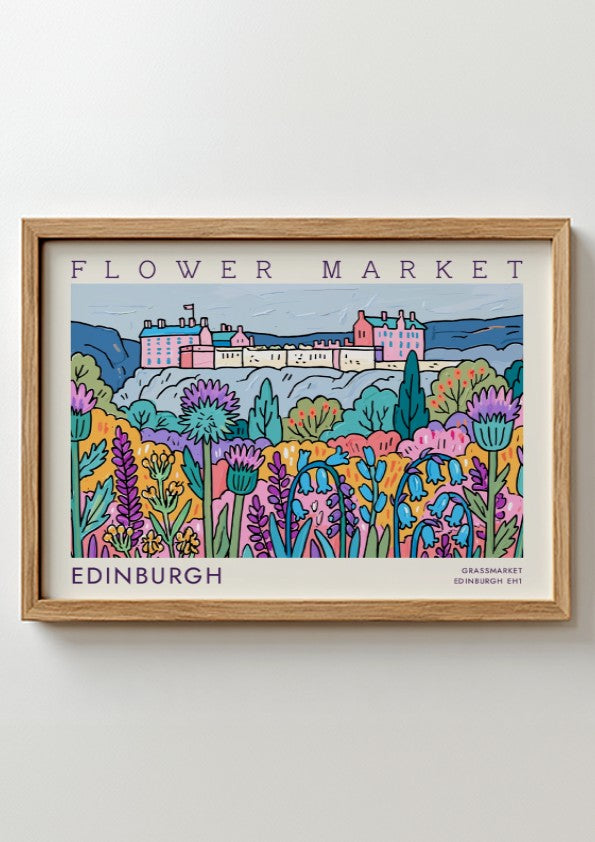 Edinburgh flower market poster showcasing vibrant flowers and landscape in colorful art style