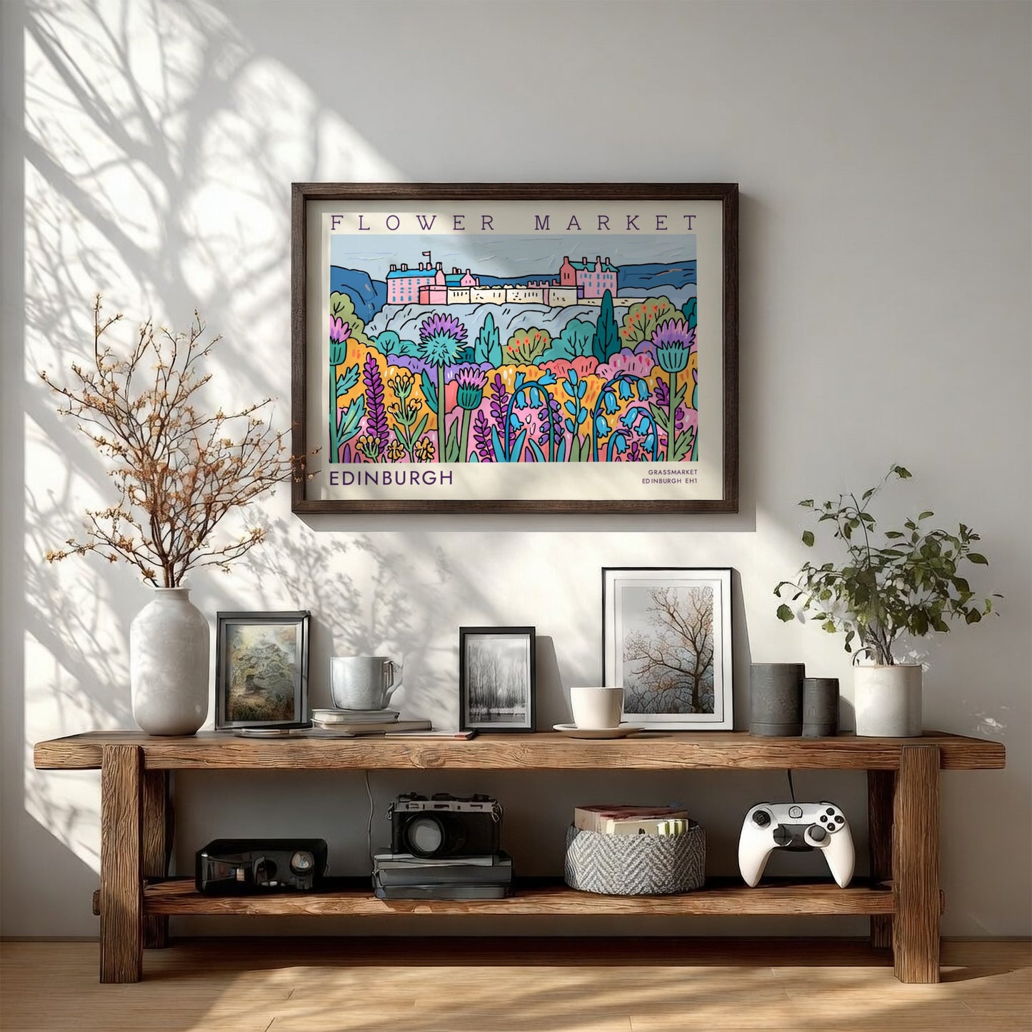 Edinburgh flower market poster showcasing vibrant flowers and landscape in colorful art style