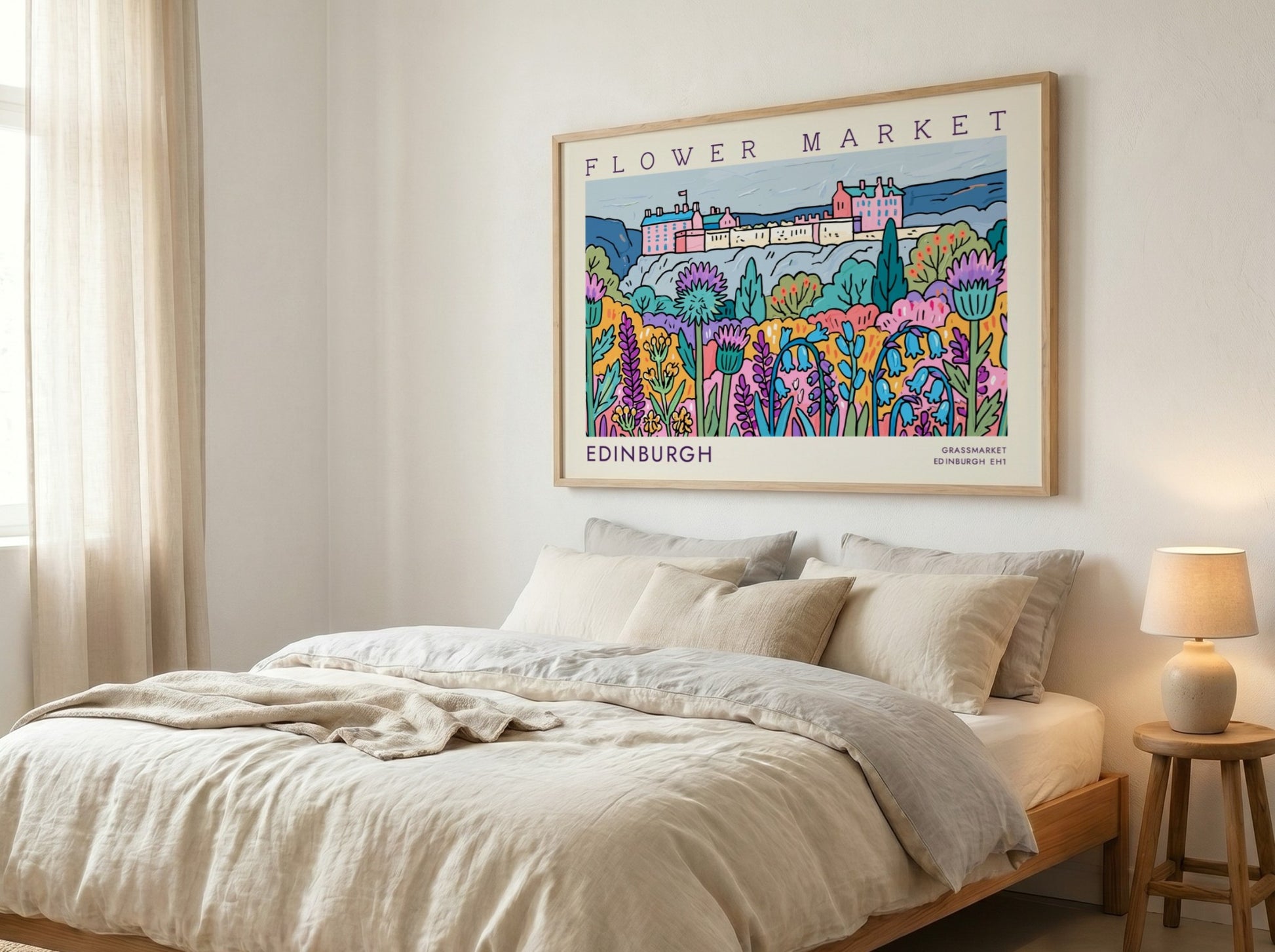 Edinburgh flower market poster showcasing vibrant flowers and landscape in colorful art style