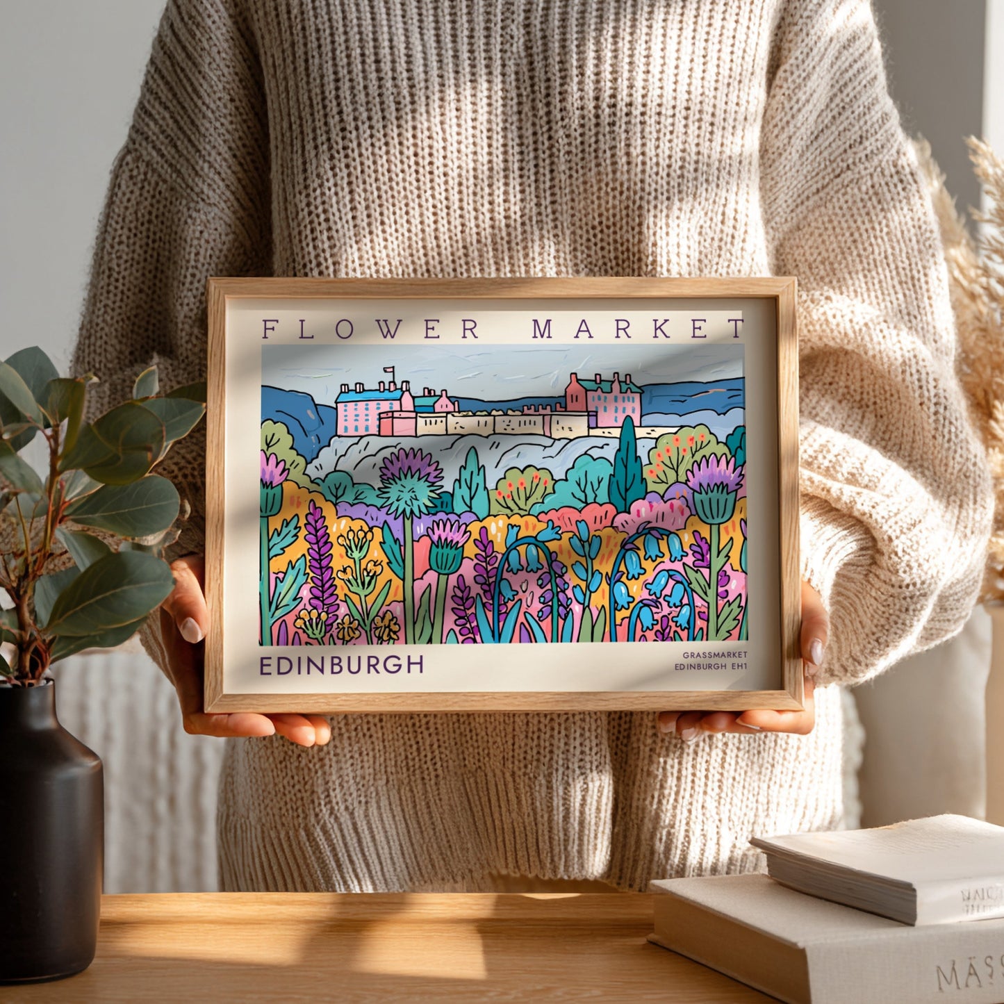 Edinburgh flower market poster showcasing vibrant flowers and landscape in colorful art style