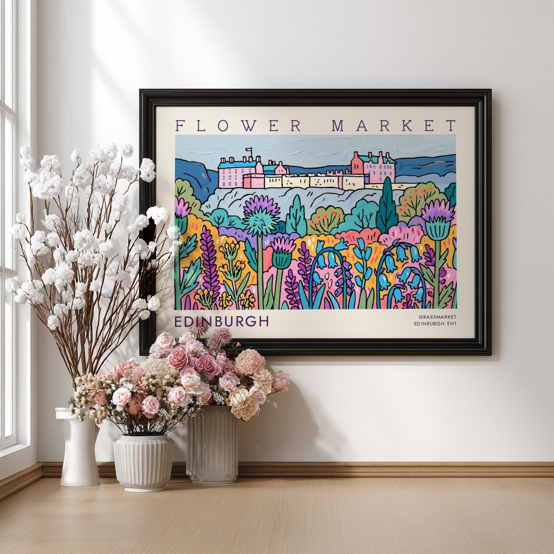 Edinburgh flower market poster showcasing vibrant flowers and landscape in colorful art style