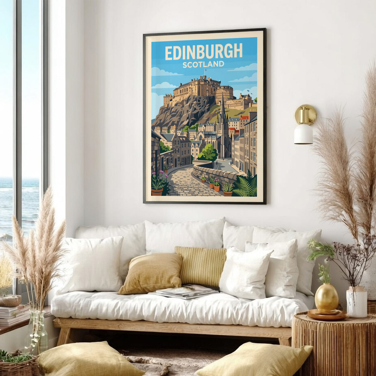 Travel poster of Edinburgh Scotland featuring the historic castle overlooking cobblestone streets and