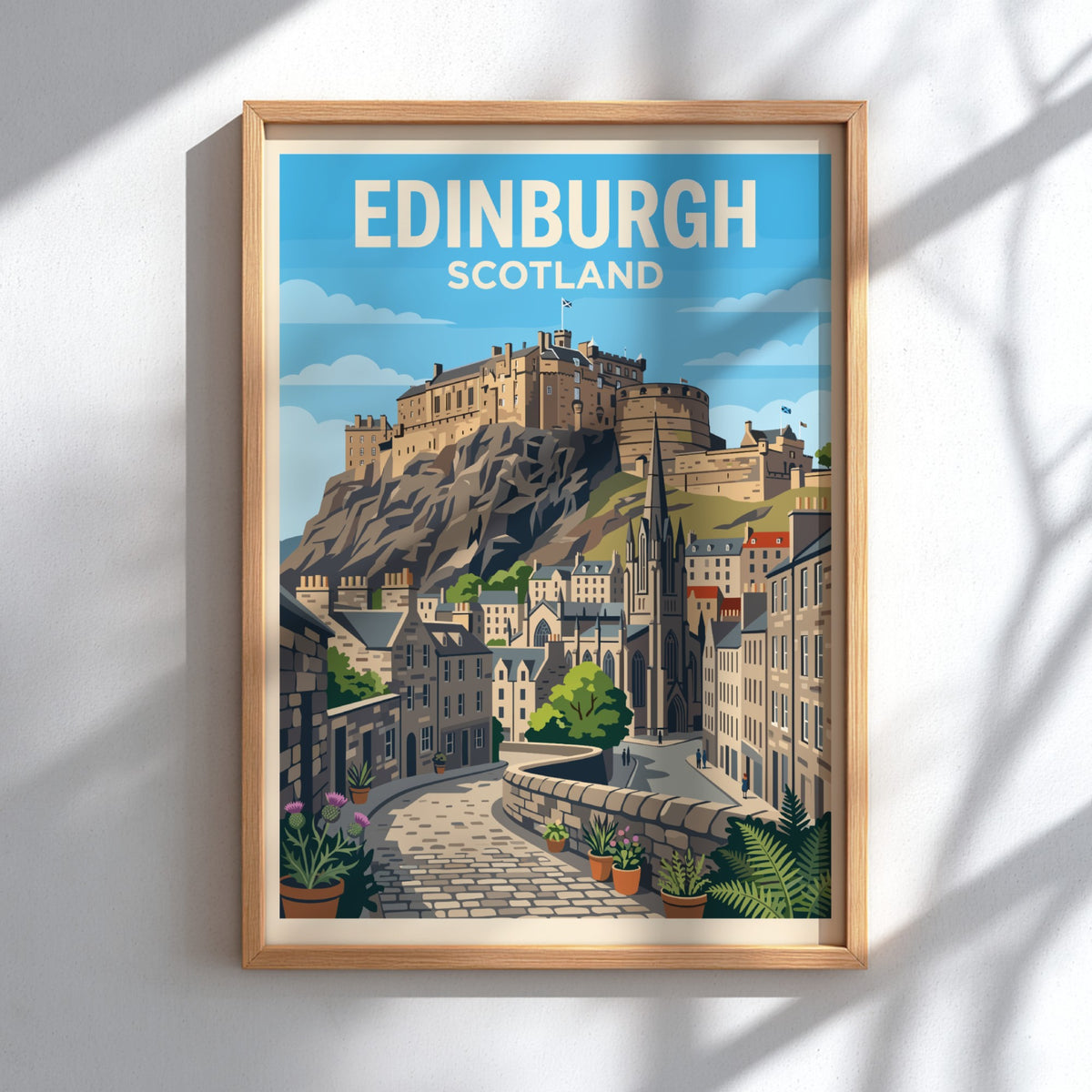 Travel poster of Edinburgh Scotland featuring the historic castle overlooking cobblestone streets and