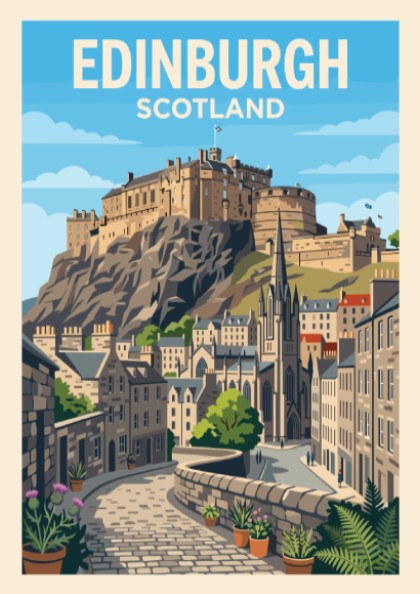 Travel poster of Edinburgh Scotland featuring the historic castle overlooking cobblestone streets and