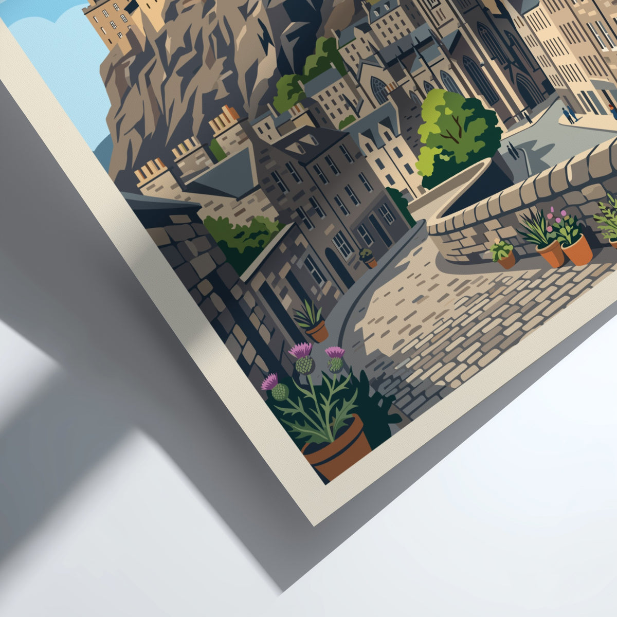 Travel poster of Edinburgh Scotland featuring the historic castle overlooking cobblestone streets and