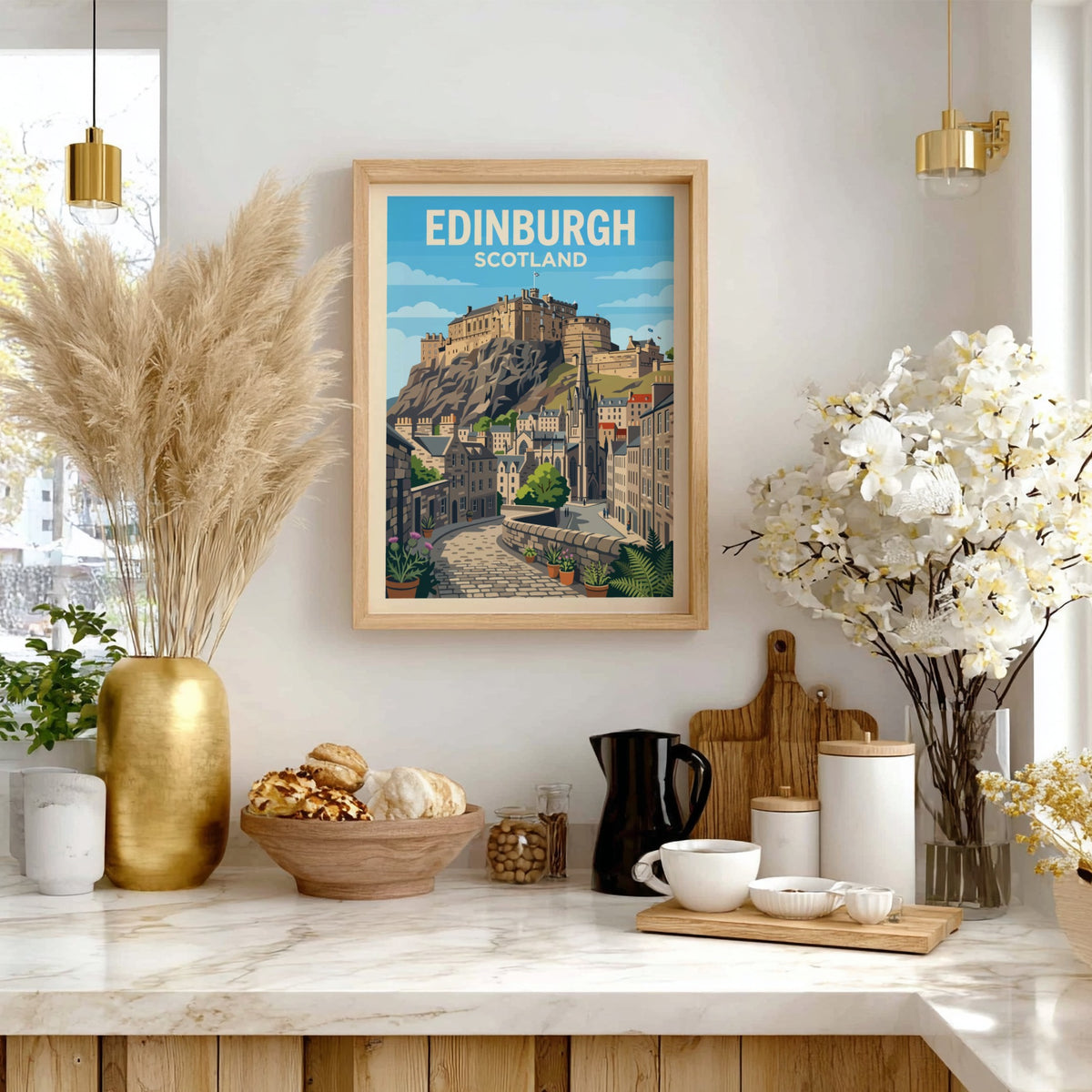 Travel poster of Edinburgh Scotland featuring the historic castle overlooking cobblestone streets and
