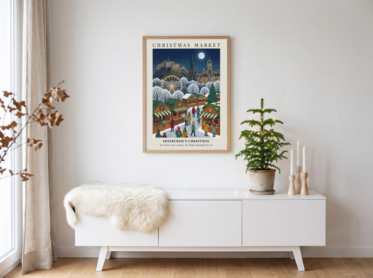 Poster of Edinburgh Christmas Market with festive stalls below the illuminated castle and moon