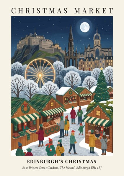 Poster of Edinburgh Christmas Market with festive stalls below the illuminated castle and moon