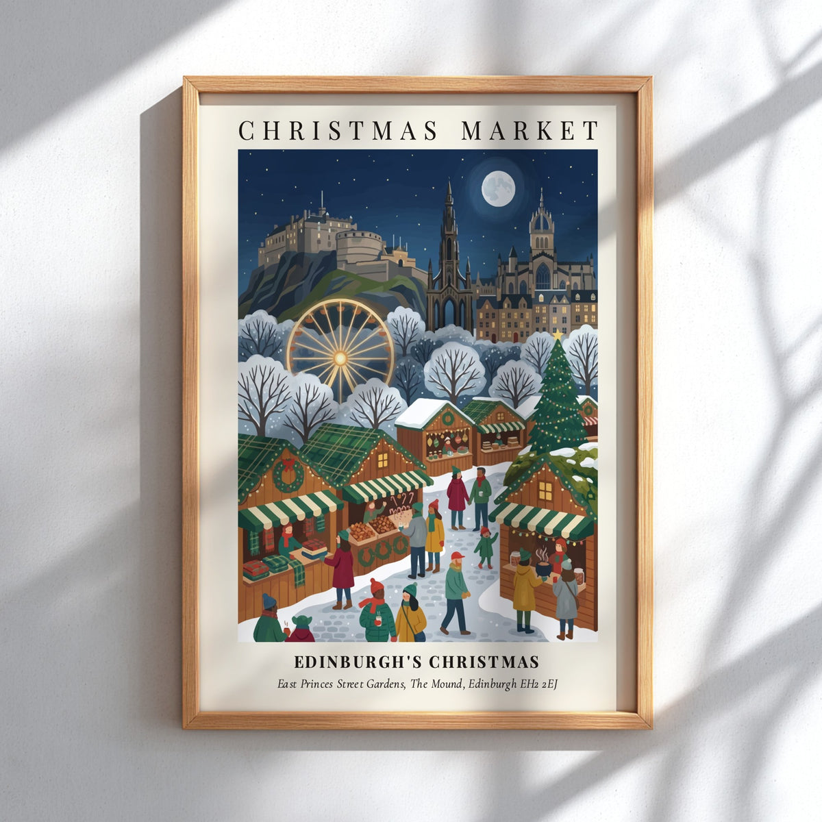 Poster of Edinburgh Christmas Market with festive stalls below the illuminated castle and moon