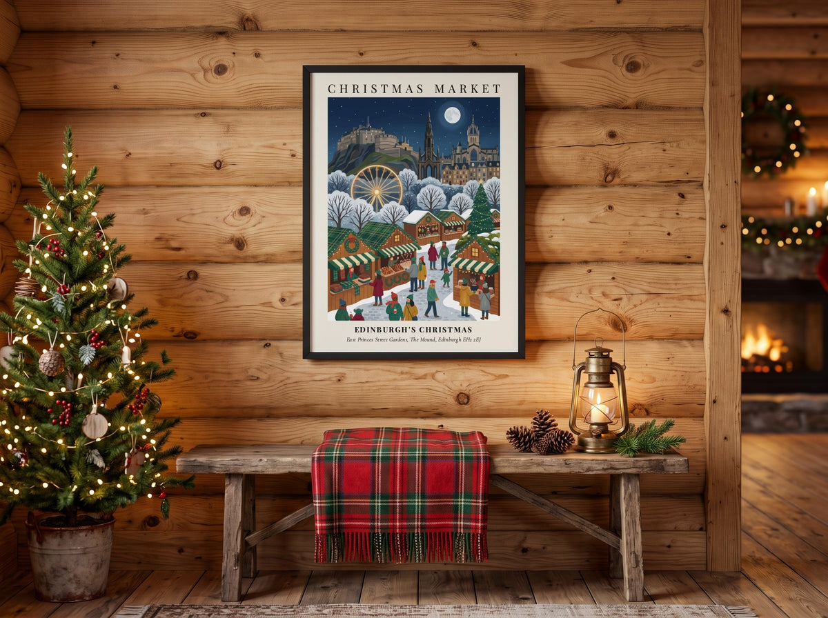 Poster of Edinburgh Christmas Market with festive stalls below the illuminated castle and moon