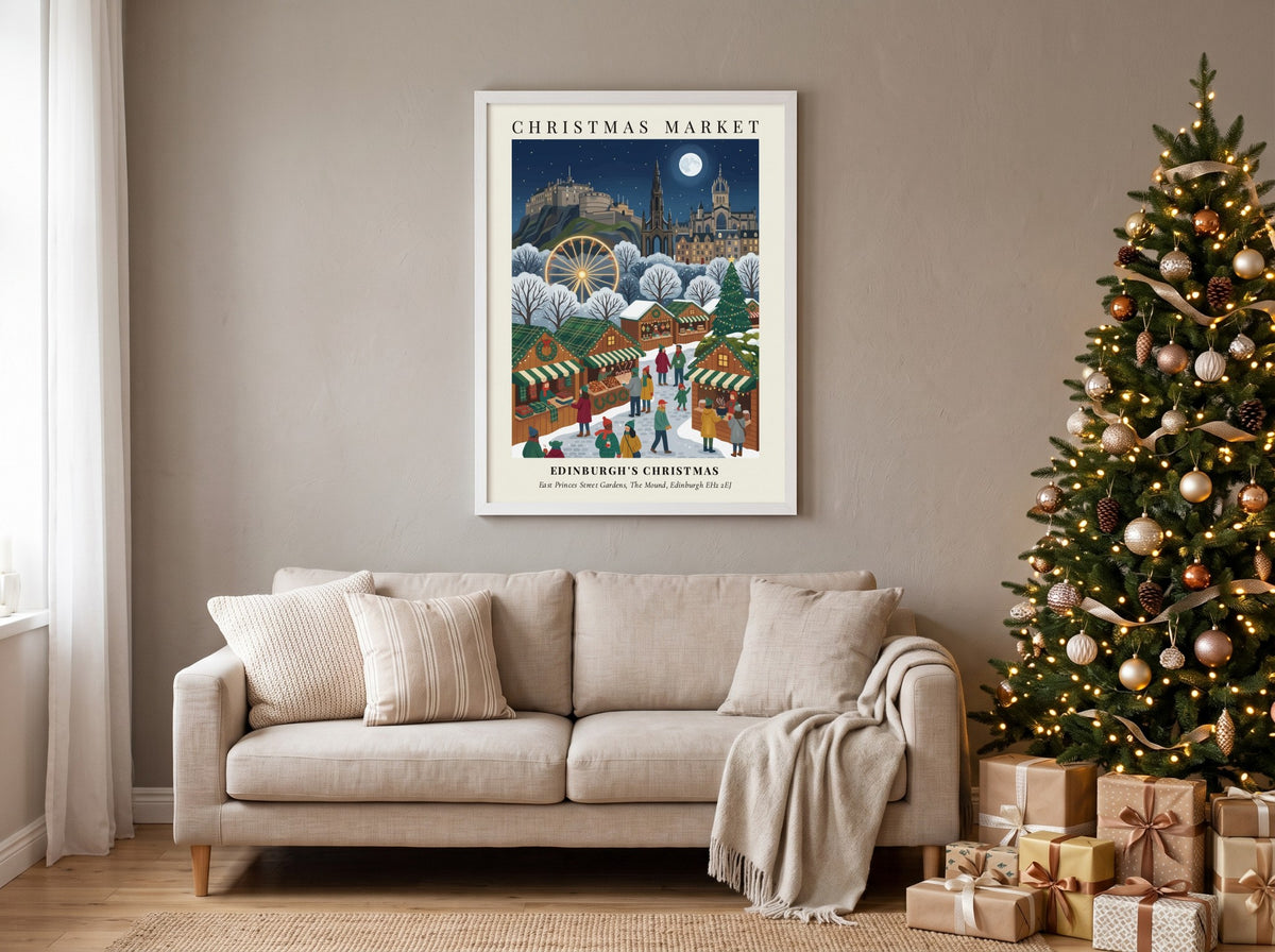 Poster of Edinburgh Christmas Market with festive stalls below the illuminated castle and moon