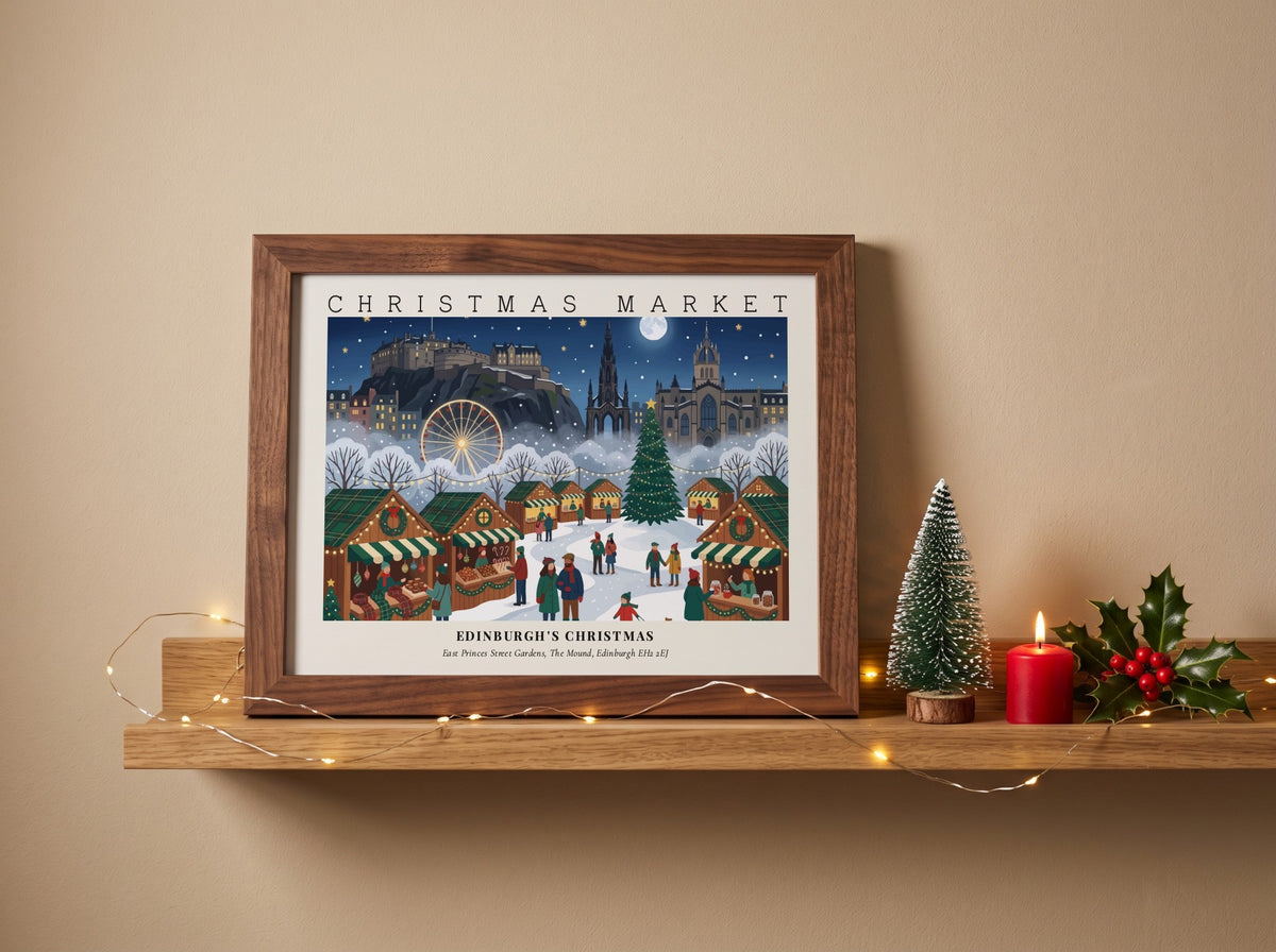 Poster of the Edinburgh Christmas market with the castle, ferris wheel and festive stalls.