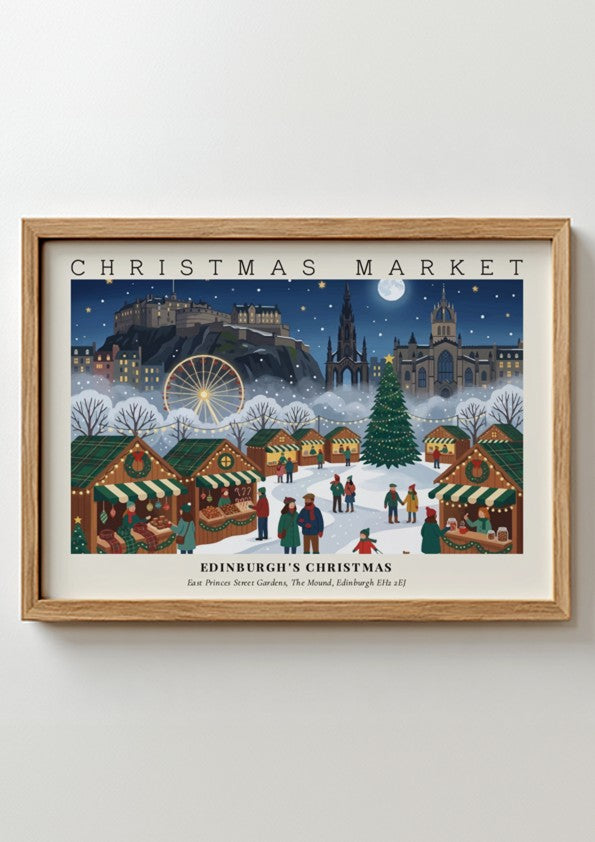 Poster of the Edinburgh Christmas market with the castle, ferris wheel and festive stalls.