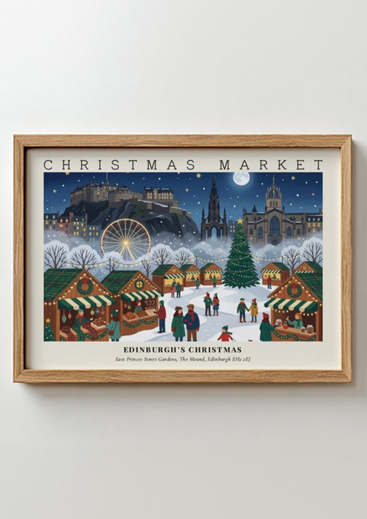 Poster of the Edinburgh Christmas market with the castle, ferris wheel and festive stalls.