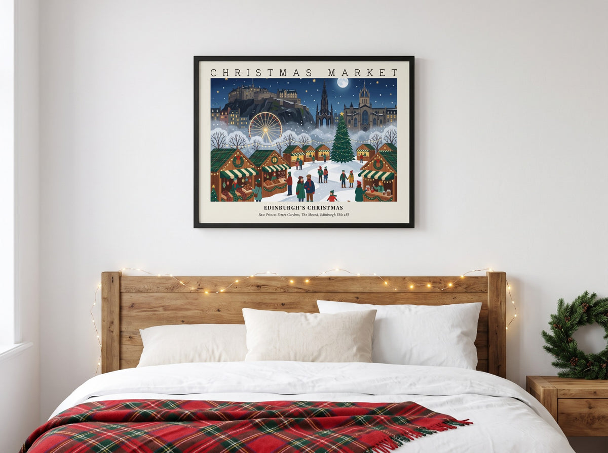 Poster of the Edinburgh Christmas market with the castle, ferris wheel and festive stalls.