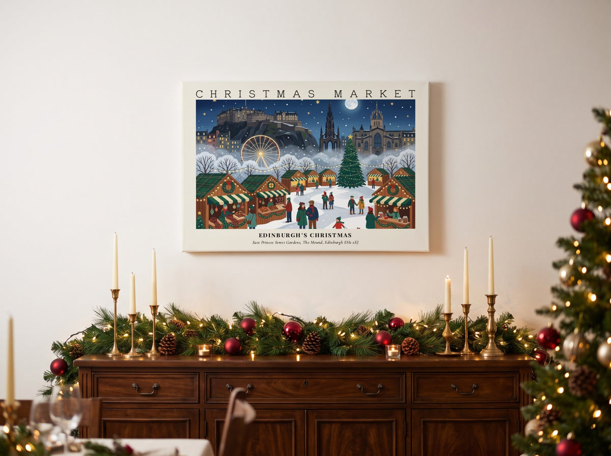 Poster of the Edinburgh Christmas market with the castle, ferris wheel and festive stalls.