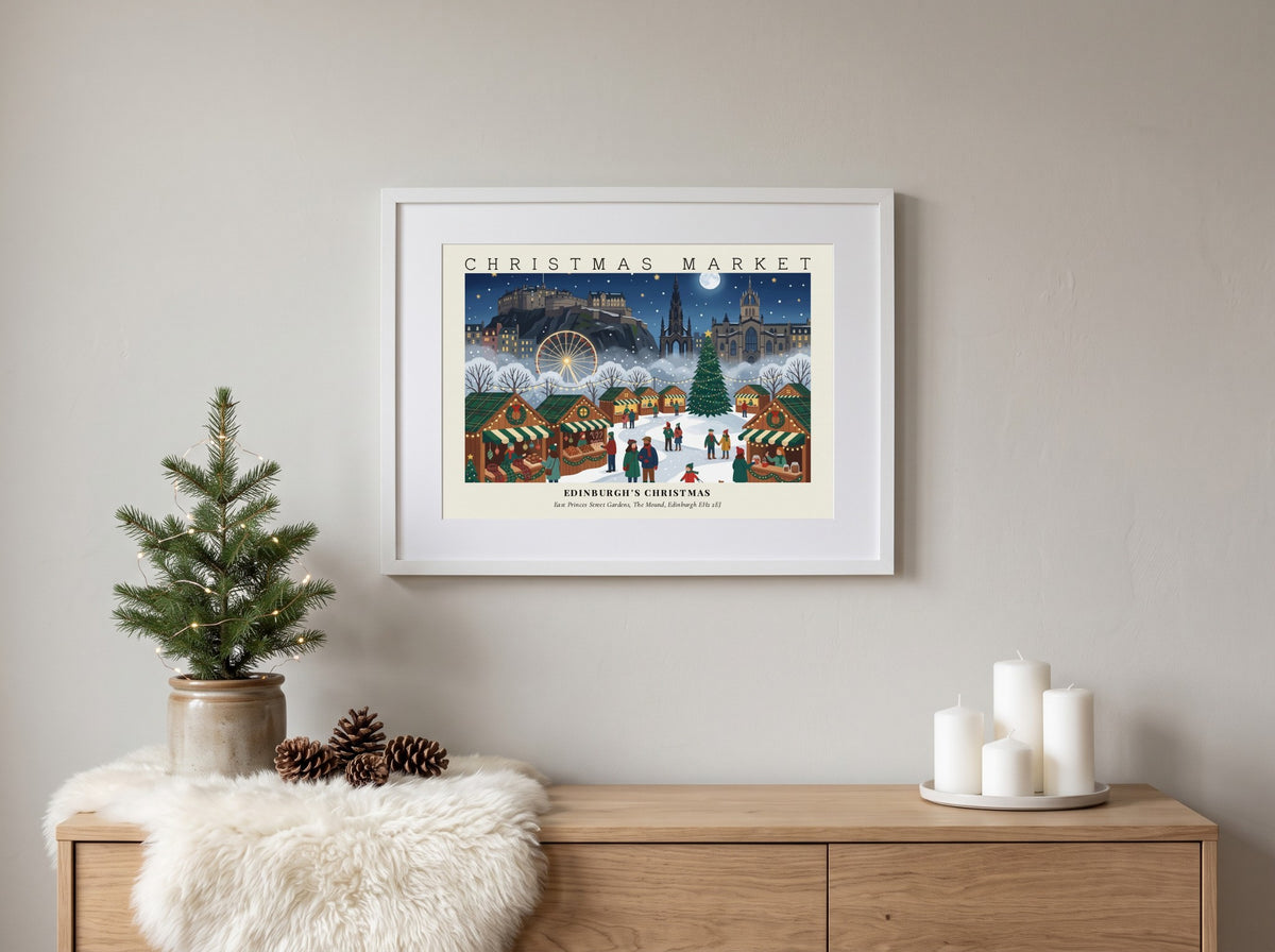 Poster of the Edinburgh Christmas market with the castle, ferris wheel and festive stalls.